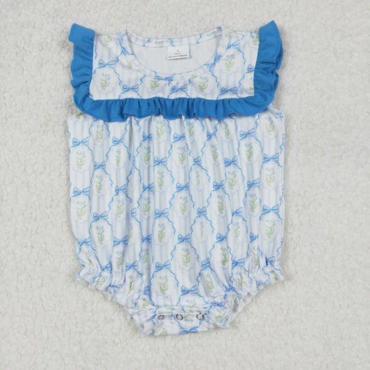 SR2648  Flowers Bows Blue Print Baby Girls Summer Romper