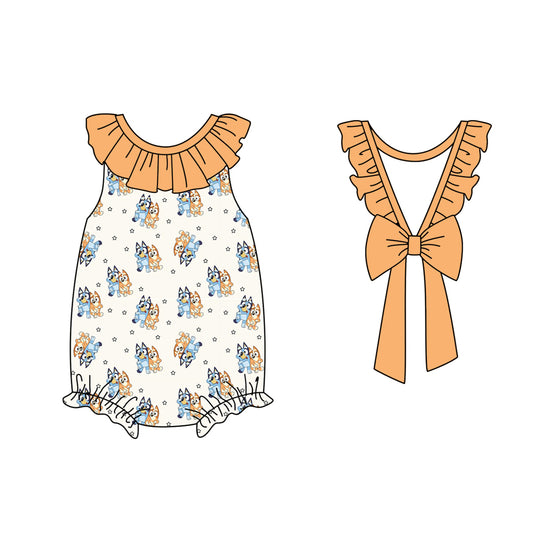 (Pre-order)SR2651  Cartoon Dog Orange Print Bow Baby Girls Summer Romper