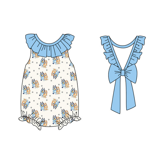 (Pre-order)SR2652  Cartoon Dog Blue Print Bow Baby Girls Summer Romper
