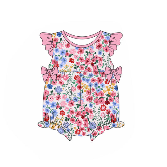 (Pre-order)SR2658  Pink Flowers Print Bow Baby Girls Summer Romper