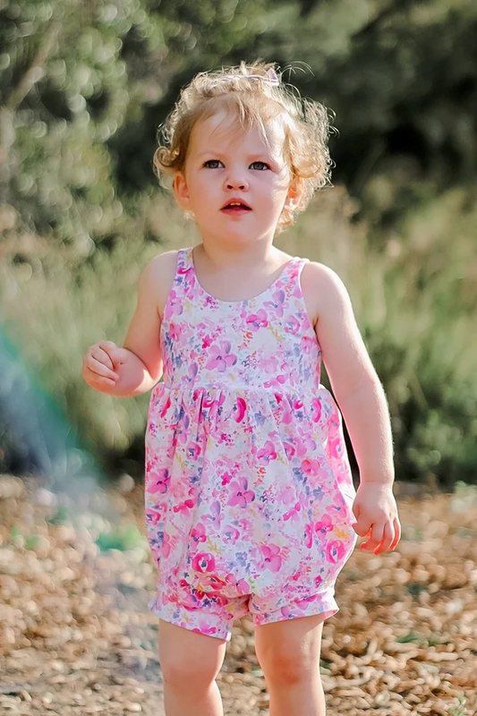 (Pre-order)SR2665  Pink Flowers Print Baby Girls Summer Romper