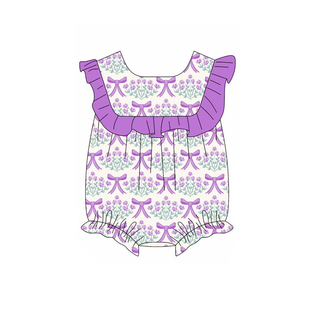 (Pre-order)SR2669  Purple Flowers Bows Print Baby Girls Summer Romper