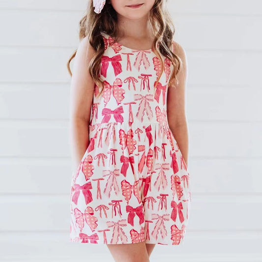 (Pre-order)SR2670 Pink Bows Print Pockets Girls Summer Jumpsuits