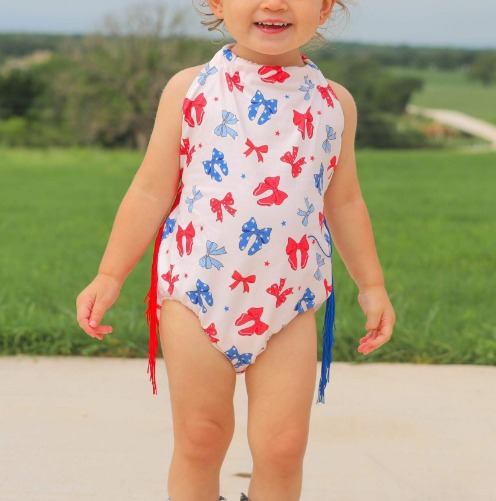 (Pre-order)SR2675  Red Blue Bows Stars Print Baby Girls 4th of July Tassels Romper