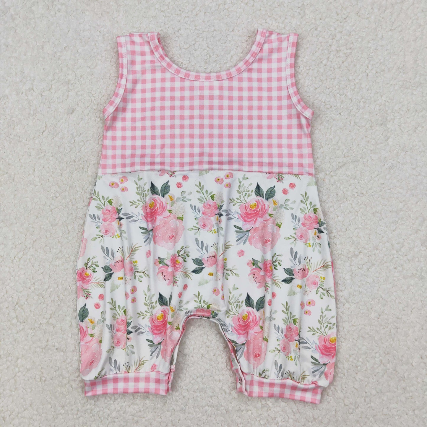 SR2678  Pink Flowers Plaid Print Baby Girls Summer Romper