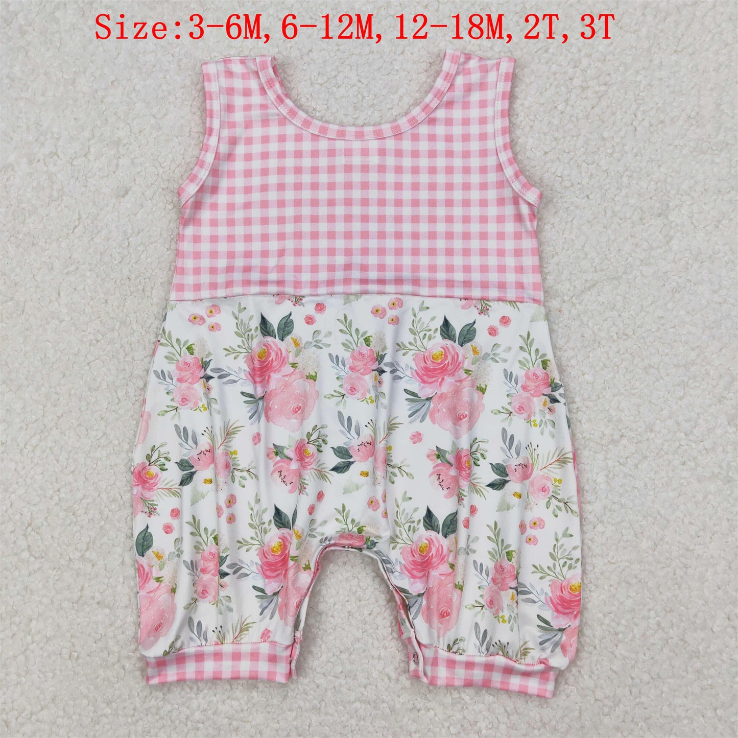 SR2678  Pink Flowers Plaid Print Baby Girls Summer Romper