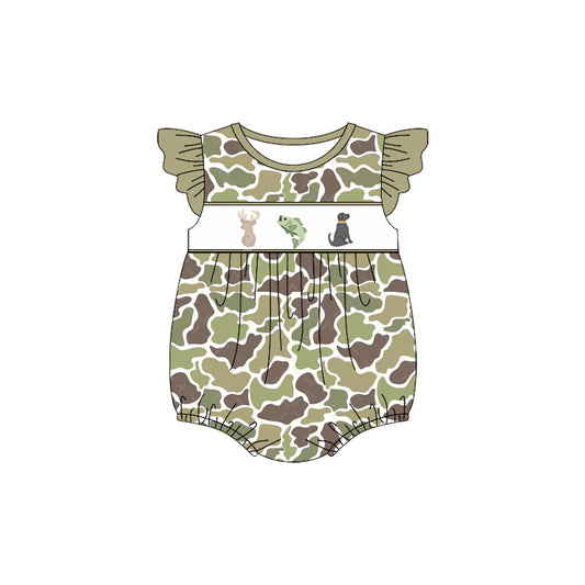 (Pre-order)SR2686  Deer Fish Dog Camo Print Baby Girls Summer Romper