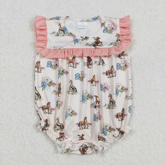 SR2690  Horse Flowers Print Baby Girls Summer Western Romper