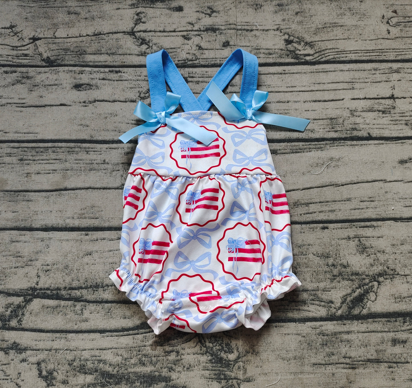 (Pre-order)SR2691  Flag Bows Print Baby Girls 4th of July Romper