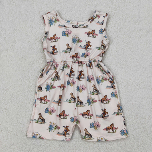 SR2695 Horse Flowers Western Print Pockets Girls Summer Jumpsuits