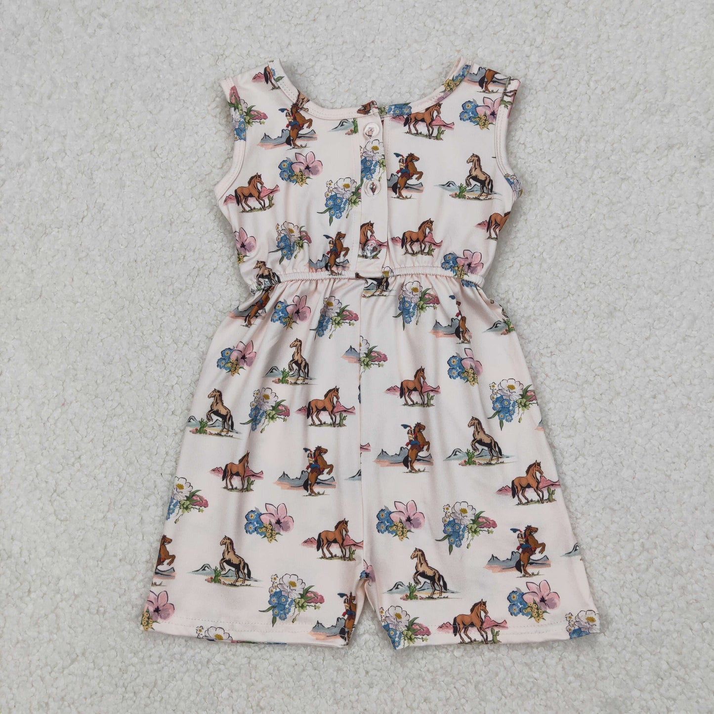 SR2695 Horse Flowers Western Print Pockets Girls Summer Jumpsuits