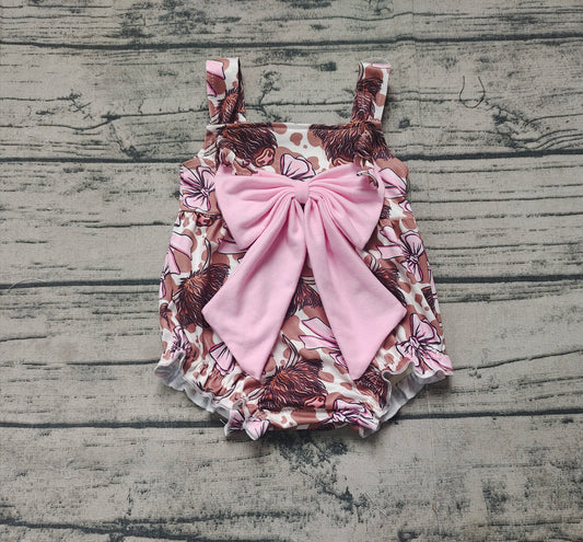 (Pre-order)SR2697  Highland Cow Pink Bows Print Baby Girls Summer Romper