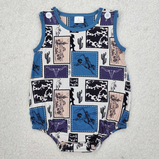 SR2700  Cowboy Western Print Baby Boys Summer Romper