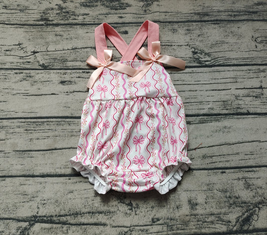 (Pre-order)SR2704  Small Flowers Pink Bows Print Baby Girls Summer Romper