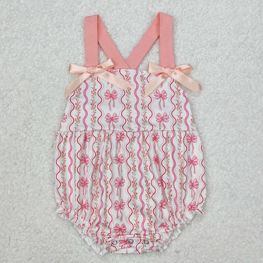 SR2704  Small Flowers Pink Bows Print Baby Girls Summer Romper