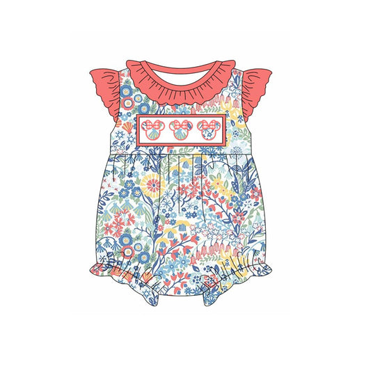 (Pre-order)SR2705  Colorful Flowers Cartoon Mouse Print Baby Girls Summer Romper