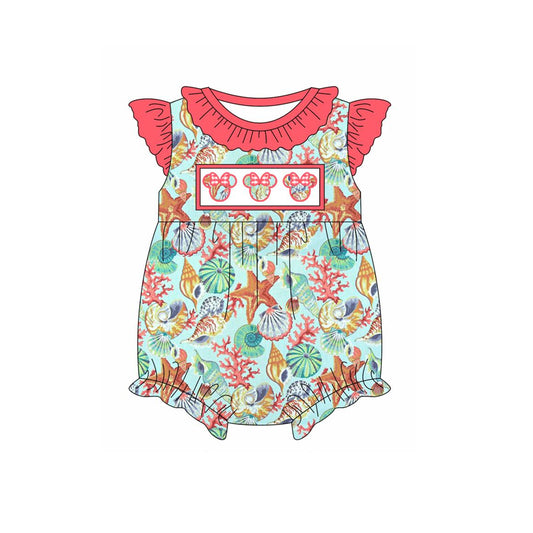 (Pre-order)SR2706  Colorful Shell Cartoon Mouse Print Baby Girls Summer Romper