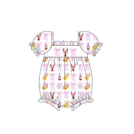 (Pre-order)SR2715 Crayfish Pink Bows Print Baby Girls Summer Romper