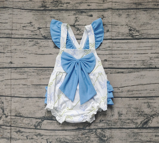 (Pre-order)SR2720  Blue Bows Print Baby Girls Summer Bubble Romper