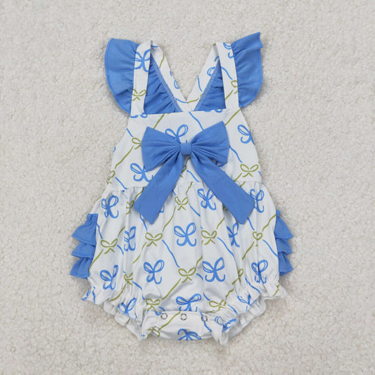 SR2720  Blue Bows Print Baby Girls Summer Bubble Romper