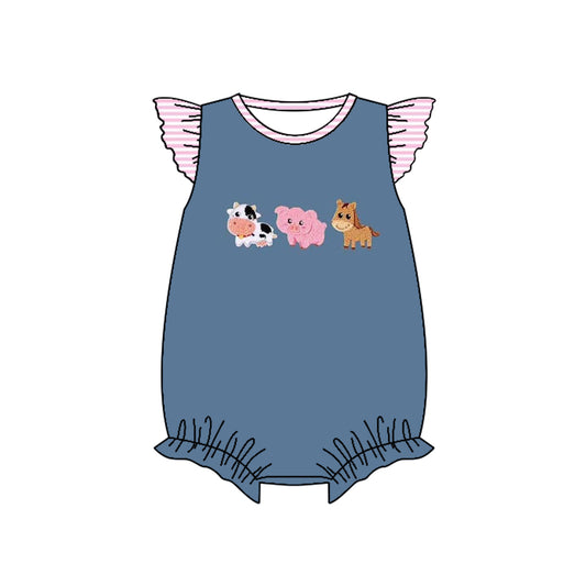 (Pre-order)SR2723 Farm Animals Blue Print Baby Girls Summer Romper