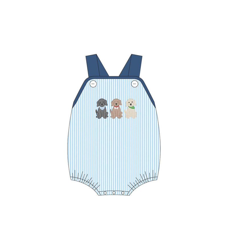 (Pre-order)SR2724 Dogs Blue Stripes Print Baby Boys Summer Romper