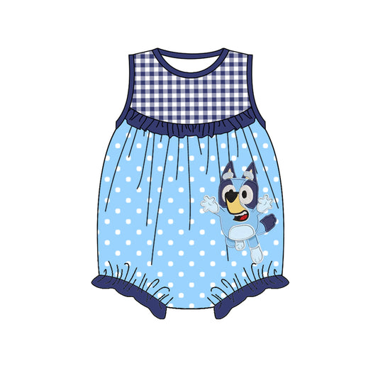 (Pre-order)SR2732 Cartoon Dog Blue Dots Print Baby Girls Summer Romper