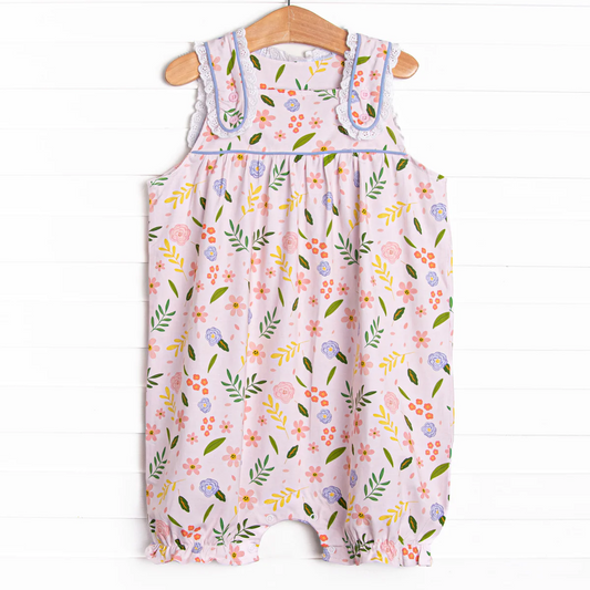 (Pre-order)SR2738 Pink Flowers Print Baby Girls Summer Romper