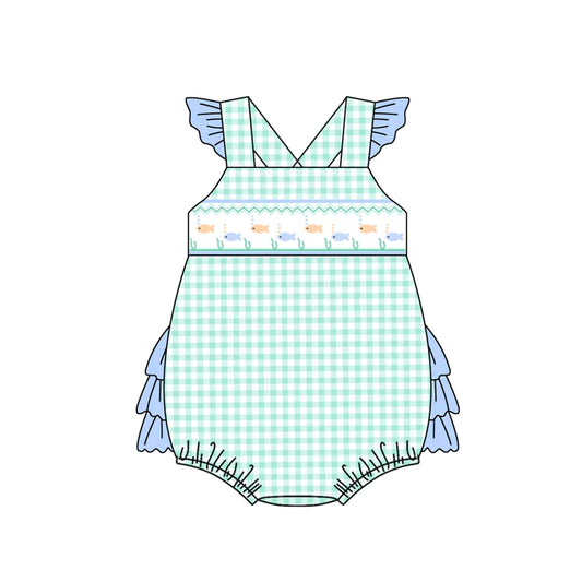 (Pre-order)SR2750 Fish Plaid Print Baby Girls Summer Romper