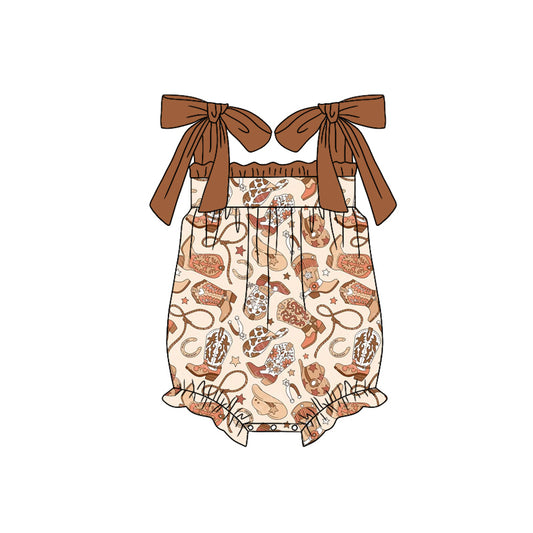 (Pre-order)SR2752 Boots Hat Print Baby Girls Summer Romper