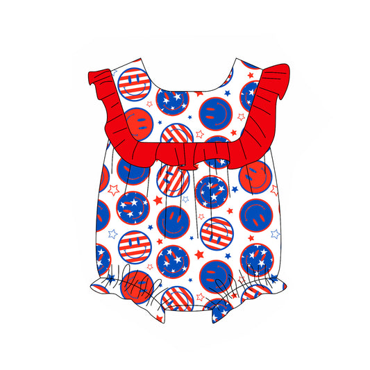 (Pre-order)SR2754 Smiling Face Stars Print Baby Girls 4th of July Romper
