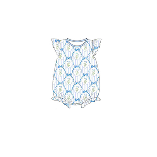 (Pre-order)SR2755 Flowers Blue Bows Print Baby Girls Summer Romper
