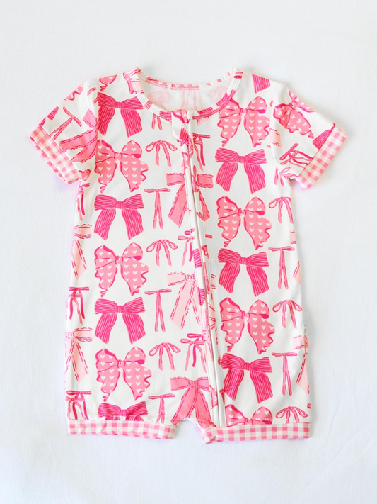 (Pre-order)SR2771 Pink Bows Print Baby Girls Summer Zipper Romper