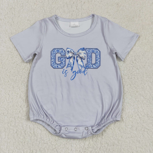SR2772 GOD is good Flowers Blue Bows Print Baby Girls Summer Romper