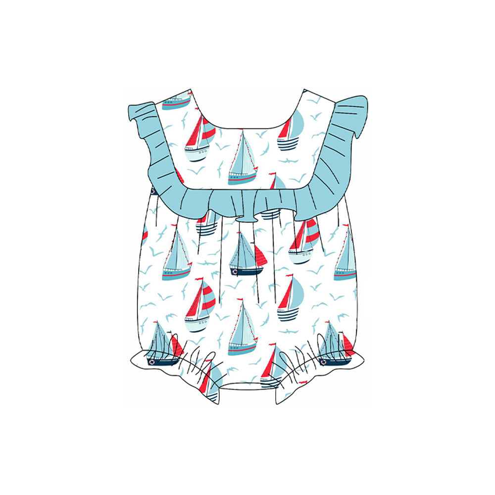 (Pre-order)SR2773 Sailboat Blue Print Baby Girls Summer Romper