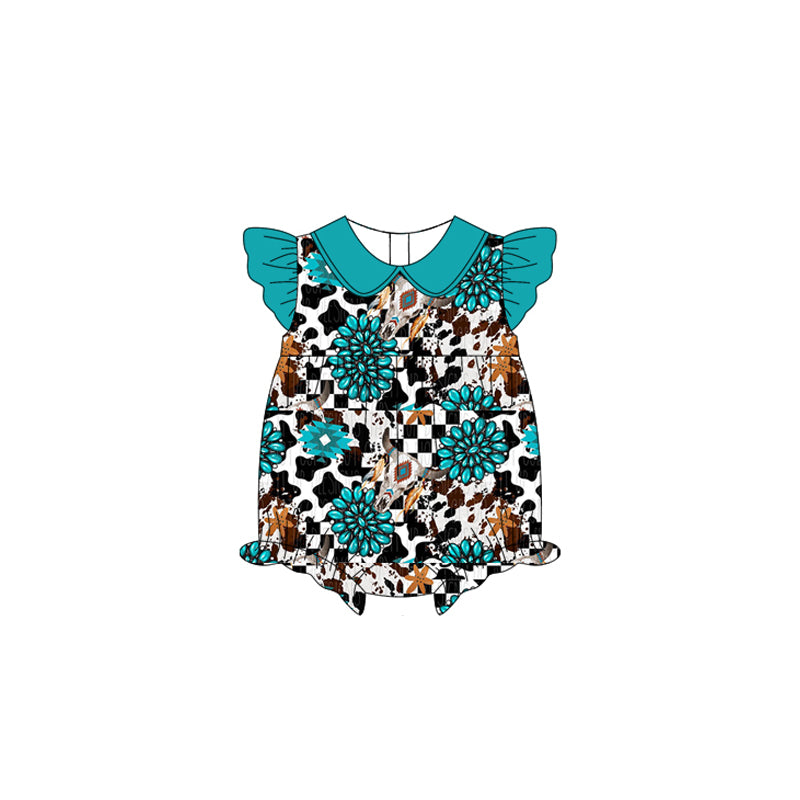 (Pre-order)SR2774 Cow Skull Turquoise Print Baby Girls Summer Romper