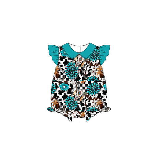 (Pre-order)SR2774 Cow Skull Turquoise Print Baby Girls Summer Romper