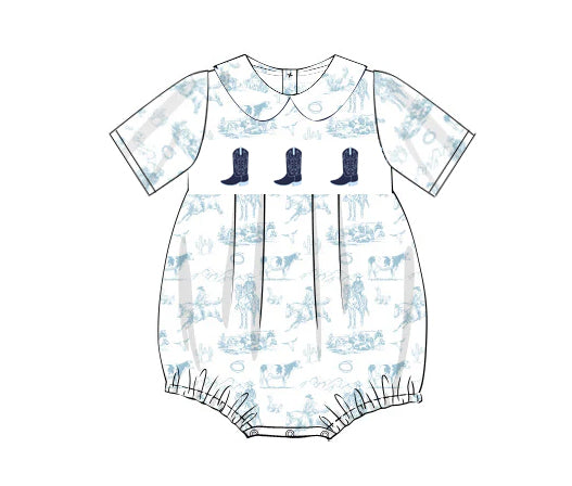(Pre-order)SR2781 Boots Cowboy Blue Print Baby Boys Summer Romper