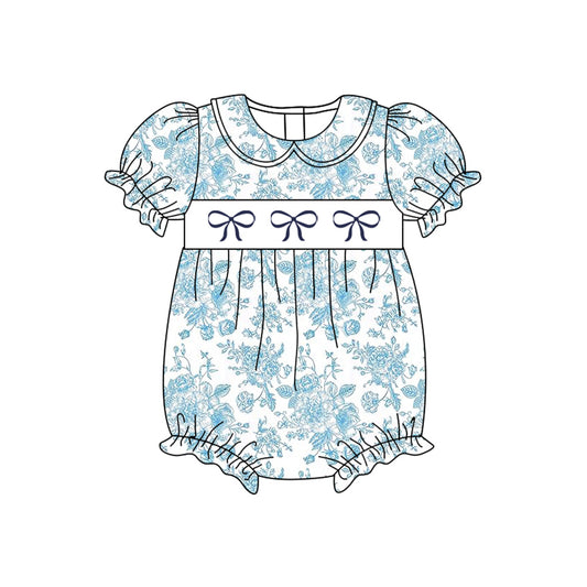 (Pre-order)SR2784 Bows Blue Flowers Print Baby Girls Summer Romper