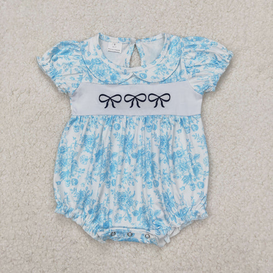 SR2784 Blue Embroidery Bows Flowers Print Baby Girls Summer Romper