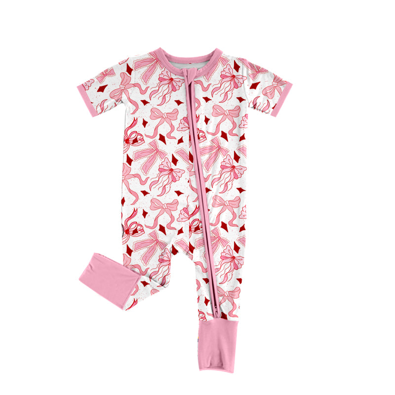 (Pre-order)SR2790 Pink Bows Print Baby Girls Summer Zipper Romper