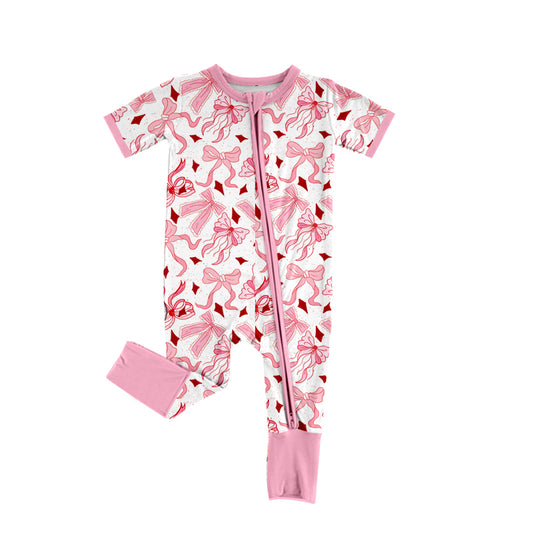 (Pre-order)SR2790 Pink Bows Print Baby Girls Summer Zipper Romper