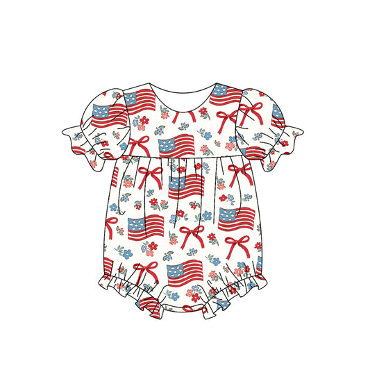 (Pre-order)SR2802  Flag Bows Print Baby Girls 4th of July Romper