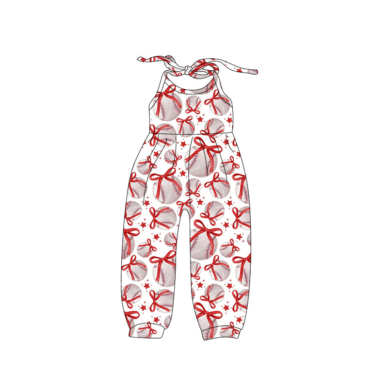 (Pre-order)SR2809 Baseball Bows Print Girls Summer Jumpsuits