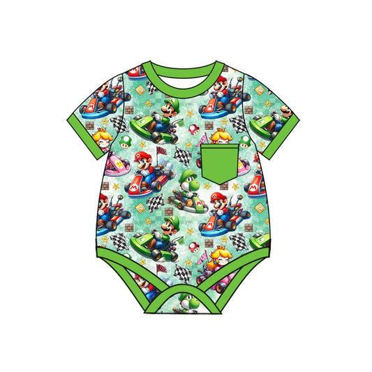 (Pre-order)SR2814  Cartoon Games Mari* Green Print Baby Boys Summer Romper