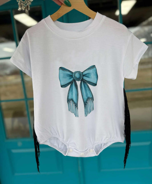 (Pre-order)SR2821  Turquoise Bows White Print Baby Girls Summer Tassels Romper