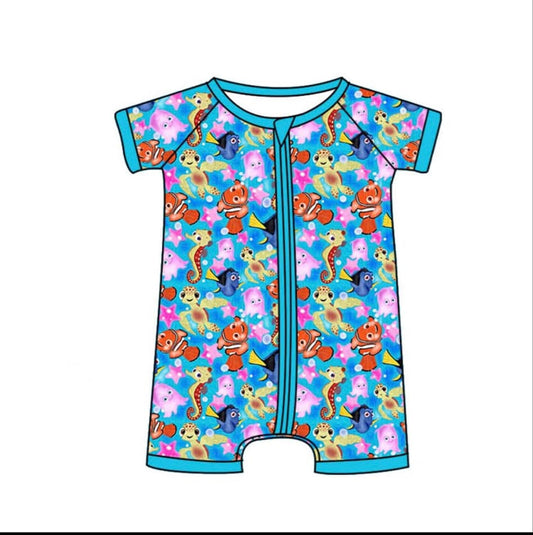 (Pre-order)SR2825  Cartoon Fish Print Baby Boys Summer Zipper Romper