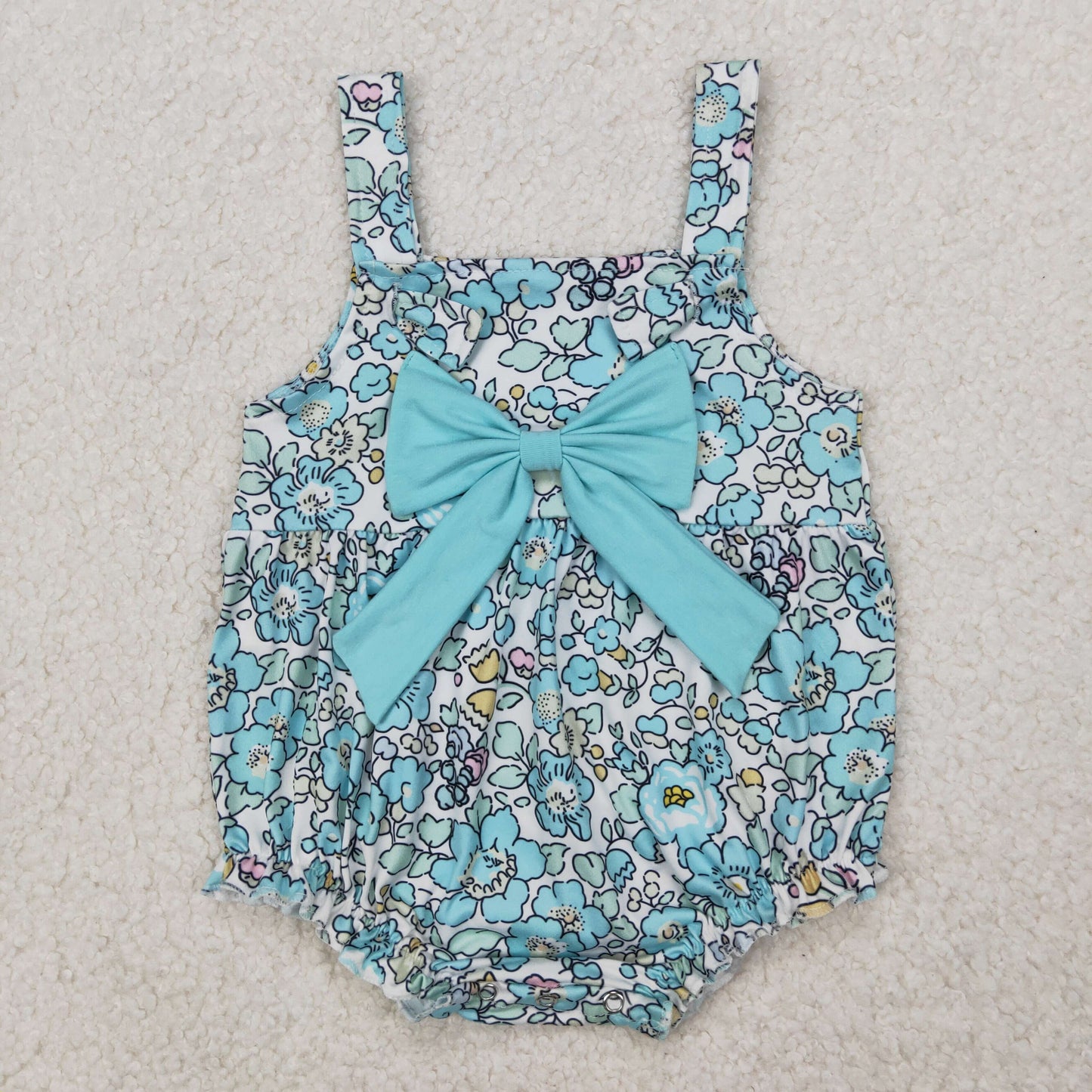 SR2829  Blue Flowers Print Big Bow Baby Girls Summer Romper