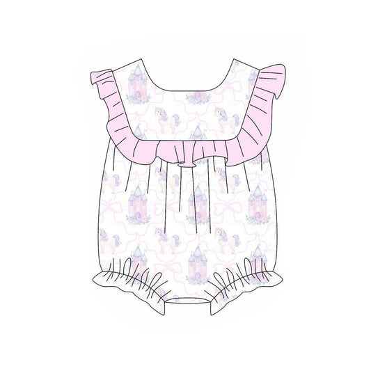 (Pre-order)SR2830  Unicorn Castle Print Baby Girls Summer Romper