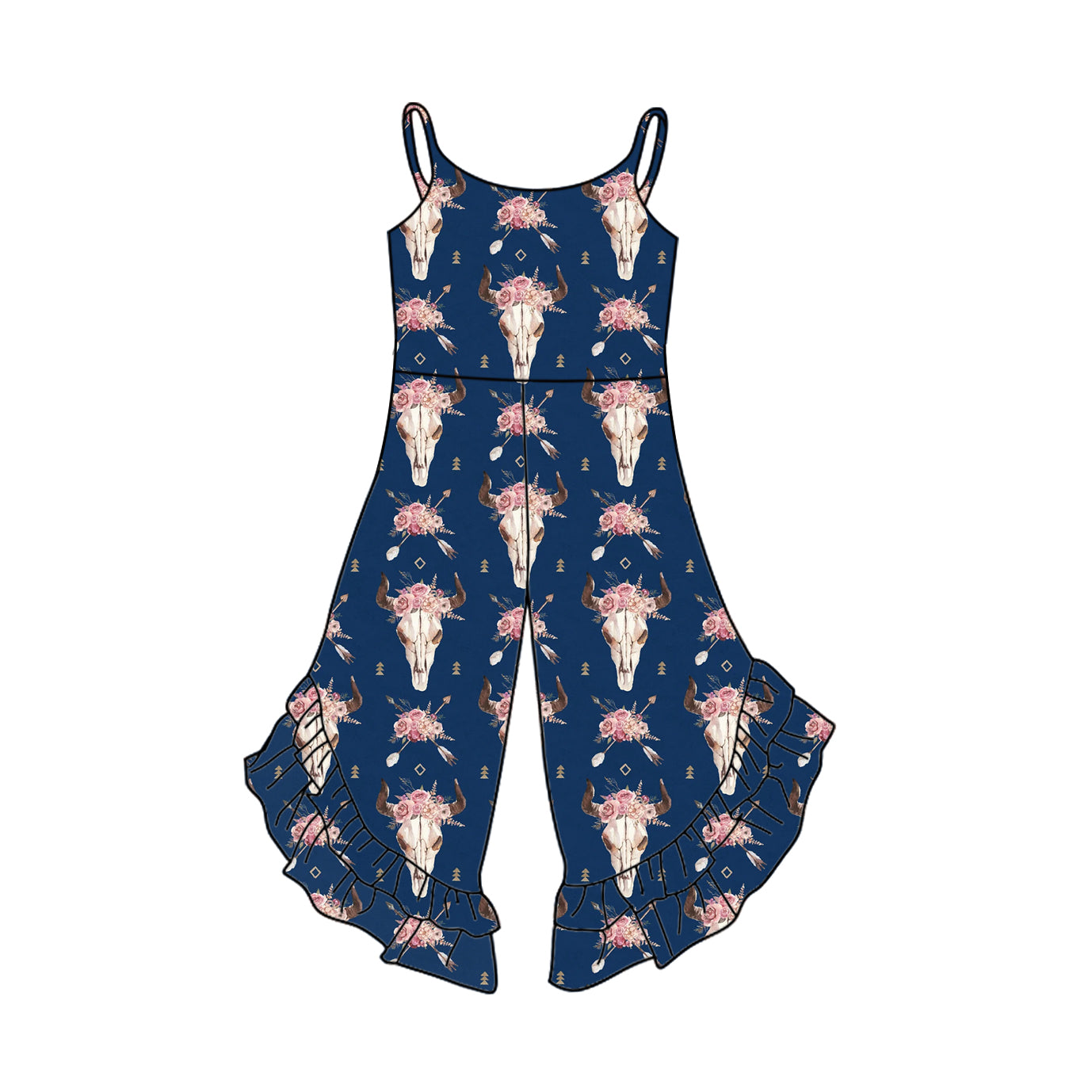 (Pre-order)SR2832 Cow Skull Flowers Print Girls Summer Jumpsuits